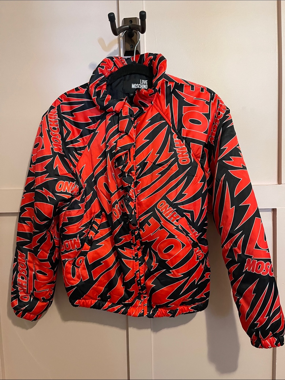 Moschino Red and Black Logo Graphic Puffer Jacket